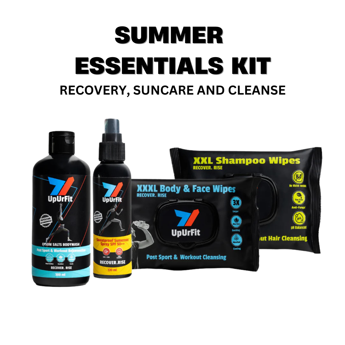 Performance Care Kit Summer Essentials (Sunscreen, XXXL Body & Face Wipes, XXL Shampoo Wipes, Epsom Salts Body Wash)